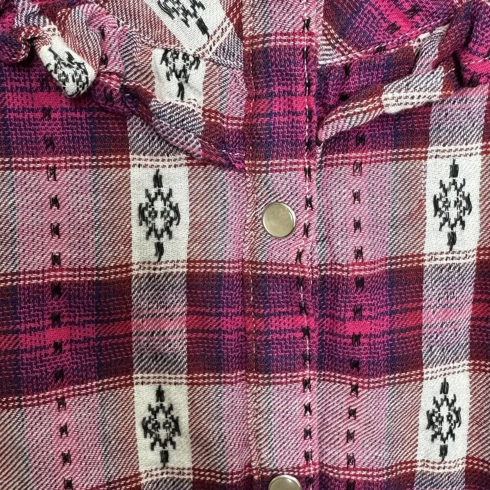 Wrangler Shirt Girls XXL Pink Plaid Western Pearl Snap Long Sleeve Ruffle Trim